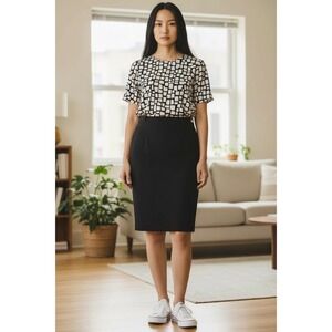 Lauren Ralph Lauren Black Wool Blend Pencil Skirt Gold Button Detail Size 10